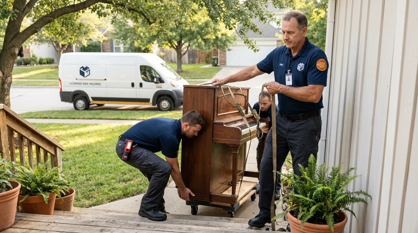 Licensed piano movers securing grand piano in Grand Island, NY