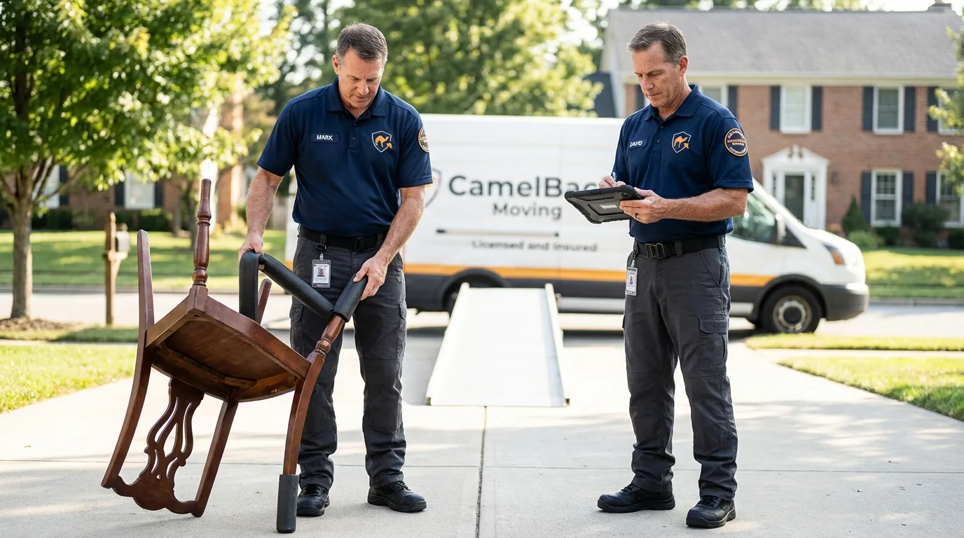 Movers inspecting furniture for damage prevention before loading in Grand Island, NY