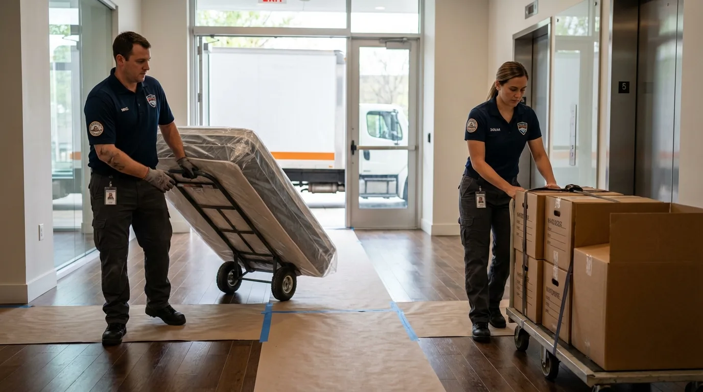 Professional apartment movers loading elevator in Grand Island, NY