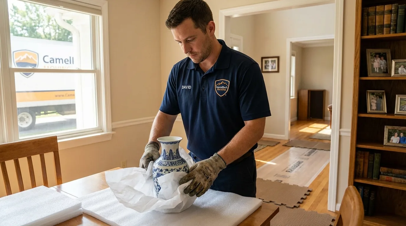 Professional crew carefully wrapping antique vase for senior downsizing move in Grand Island, NY