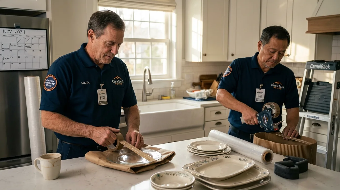 Professional crew packing kitchen dishware in Grand Island, NY